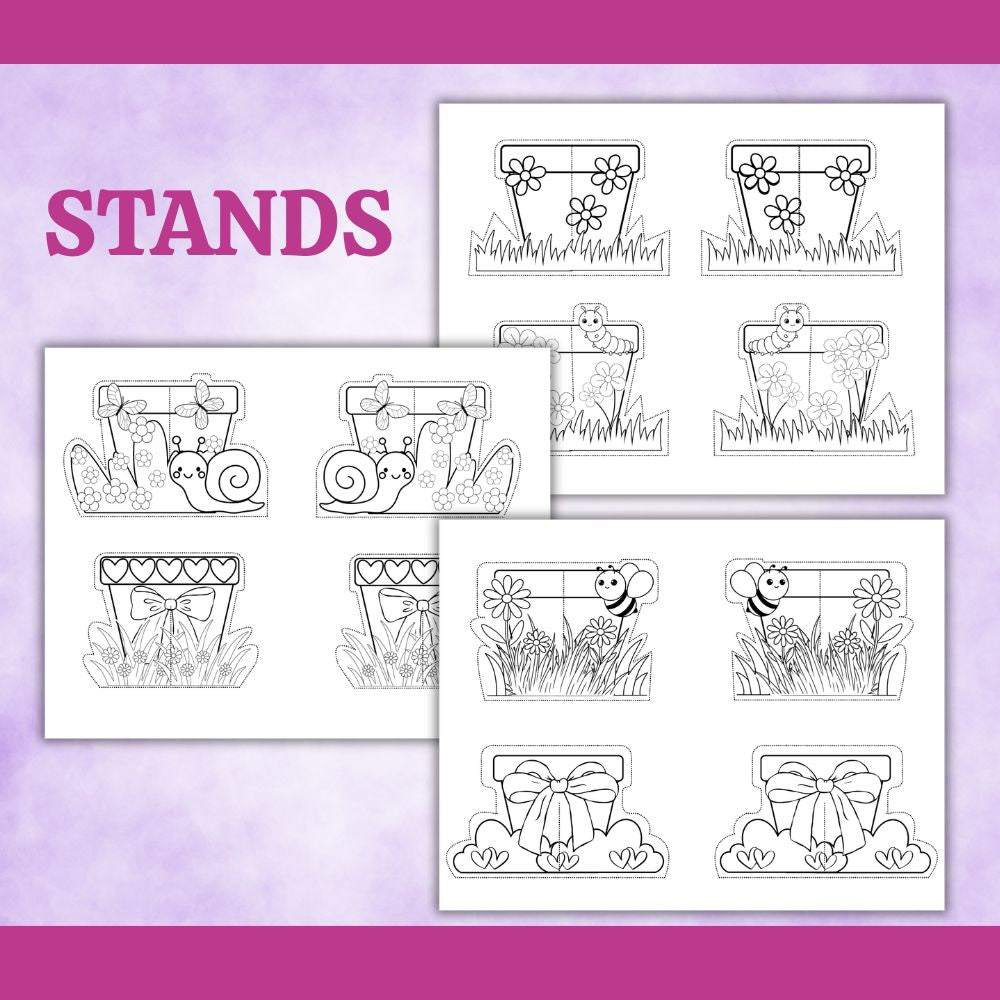 Coloring pages of decorative stands with flowers and bees on a purple background.