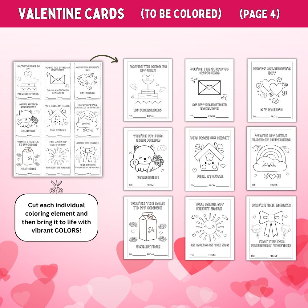 Valentine coloring cards on a pink background with heart designs