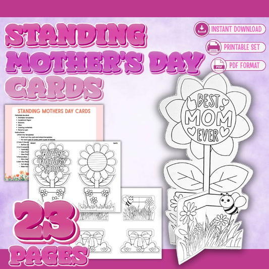 Mother's Day card set with coloring pages and 'Best Mom Ever' design on a purple background.