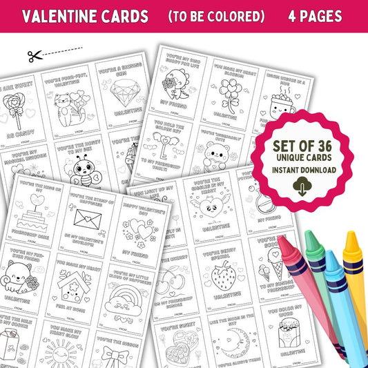 Set of 36 Valentine coloring cards with crayons on a white background