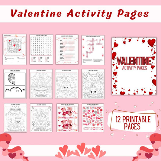 Valentine Activity Pages with various activities on a pink background