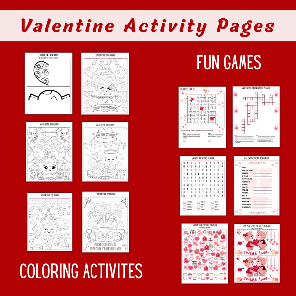 Valentine Activity Pages with coloring and games on a red background