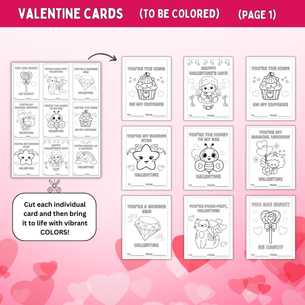 Valentine coloring cards on a pink background with heart designs