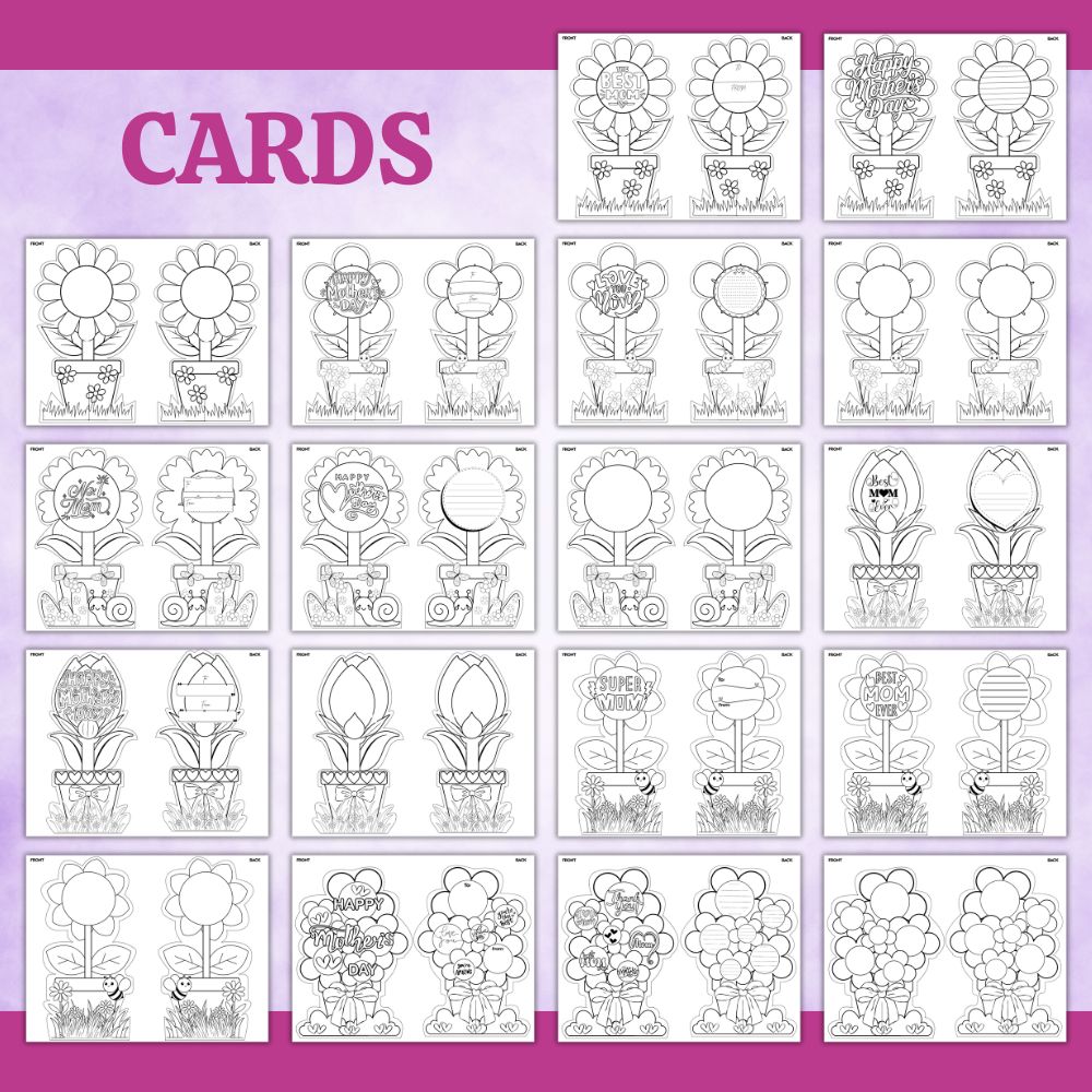 Collection of coloring cards with floral designs on a purple background