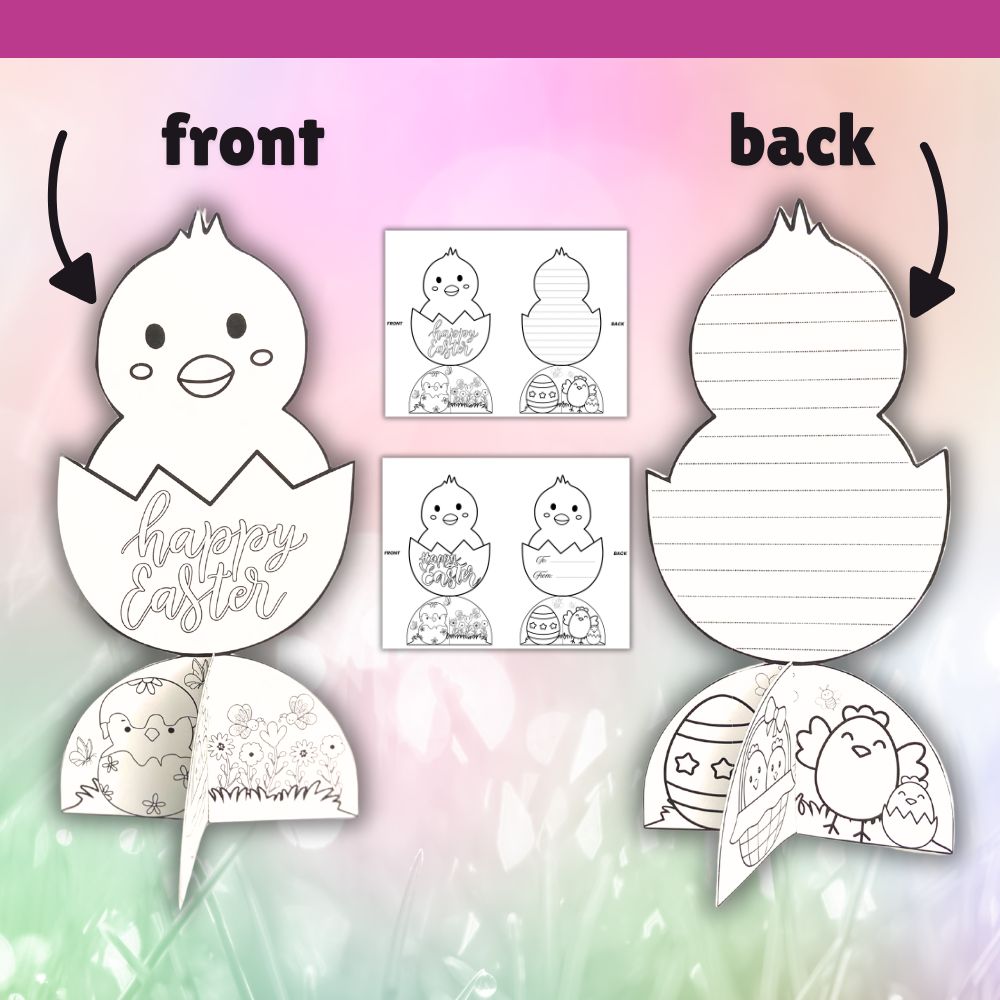 Easter chick card with 'Happy Easter' text on front and back, on a colorful gradient background.