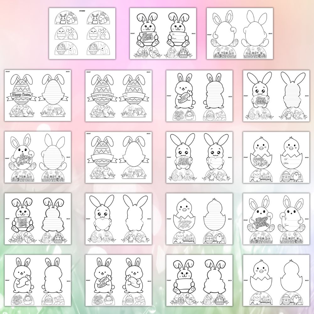 Collection of Easter-themed coloring cards with various bunnies & chickson a gradient background.