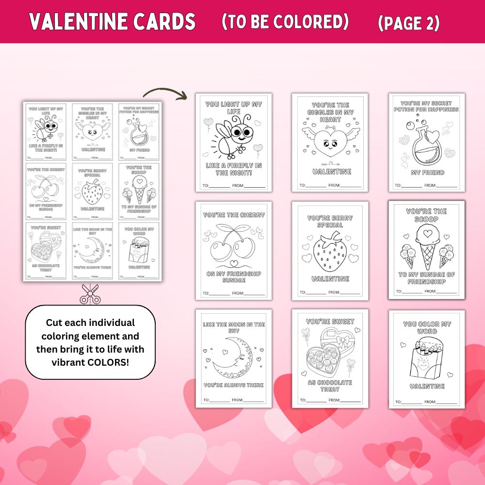 Valentine coloring cards on a pink background with heart designs