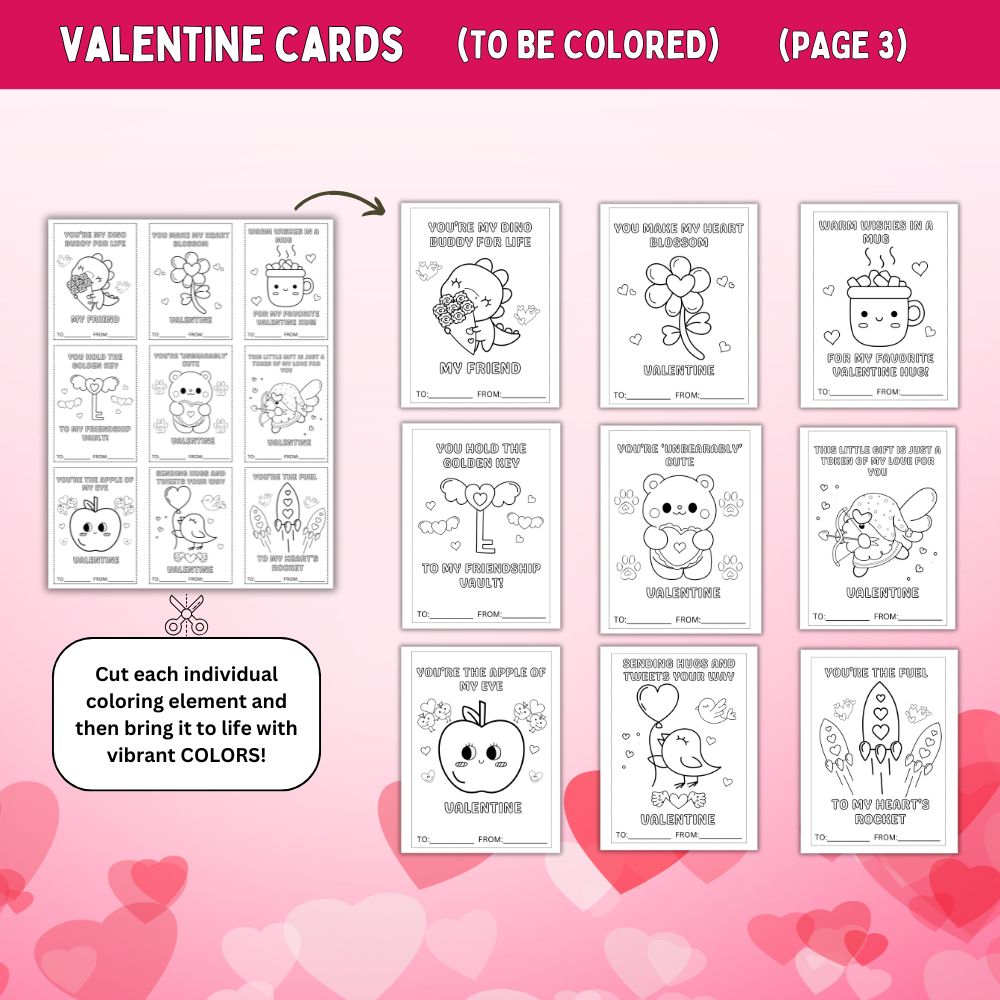 Valentine coloring cards on a pink background with heart designs