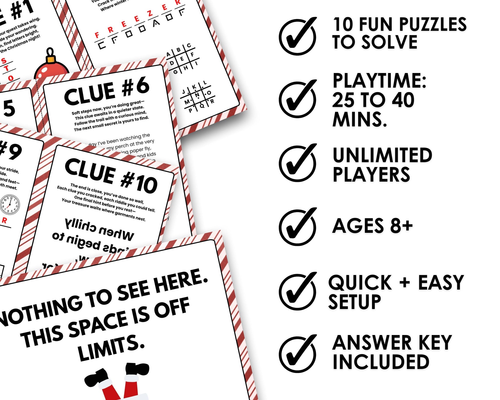 10 Fun Puzzles to Solve, Playtime:  20-40 minutes, Unlimited Players, Ages 8+, Quick and Easy Setup, Answer Key Included