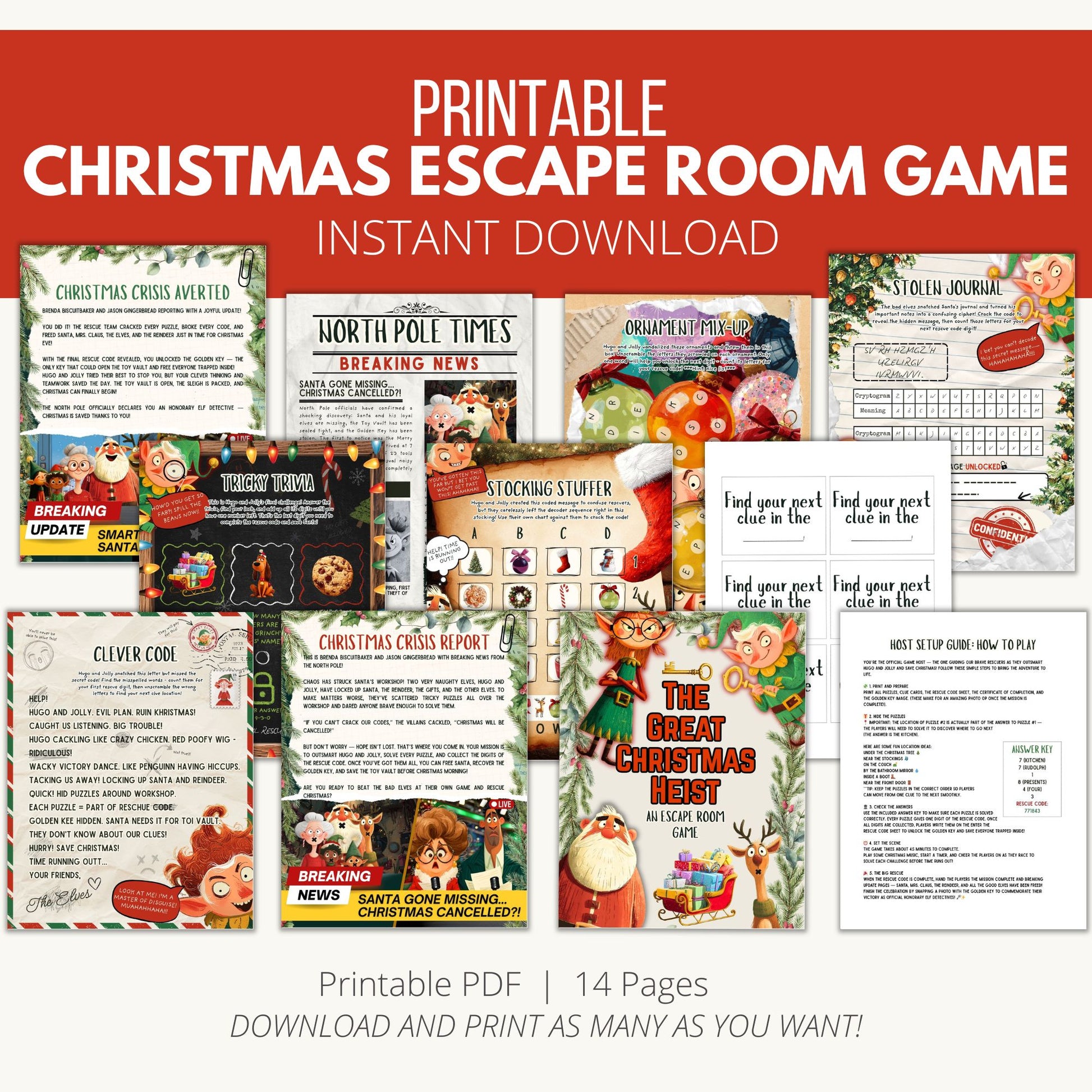 Collection of Christmas-themed pages for an escape room game with a red banner at the top.