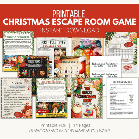 Collection of Christmas-themed pages for an escape room game with a red banner at the top.