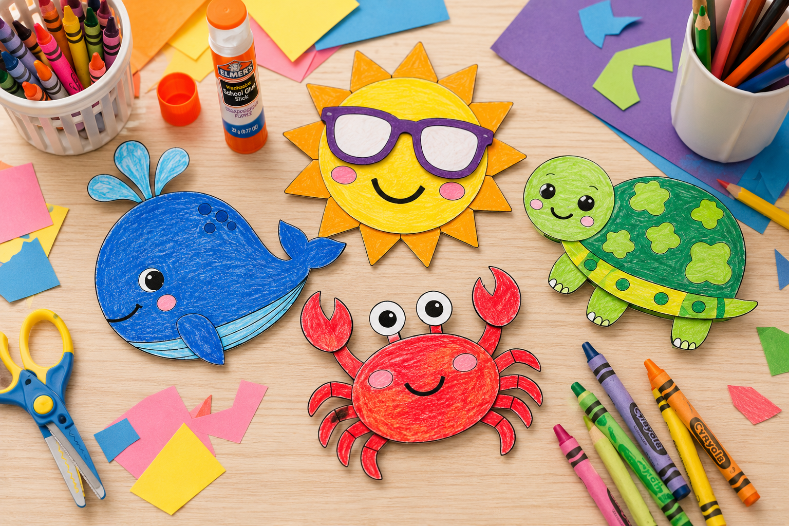 Printable Summer Craft Bundle - Whale, Sun, Crab, & Turtle