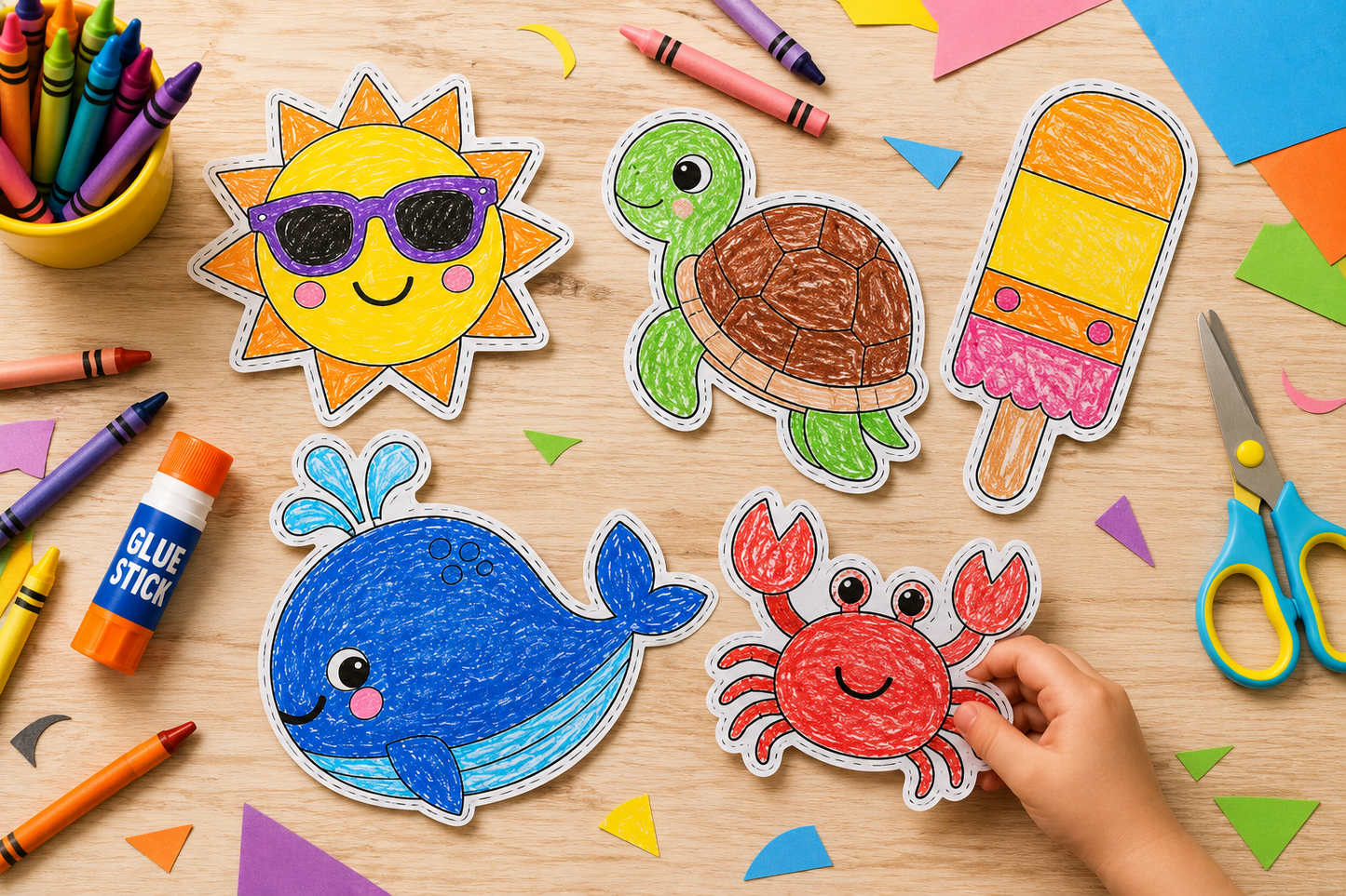 A child's hand is placing a colorful crayon-style drawing of a red crab onto a wooden craft table surrounded by other drawings (sun, turtle, popsicle, whale) and school supplies like crayons, scissors, and a glue stick.