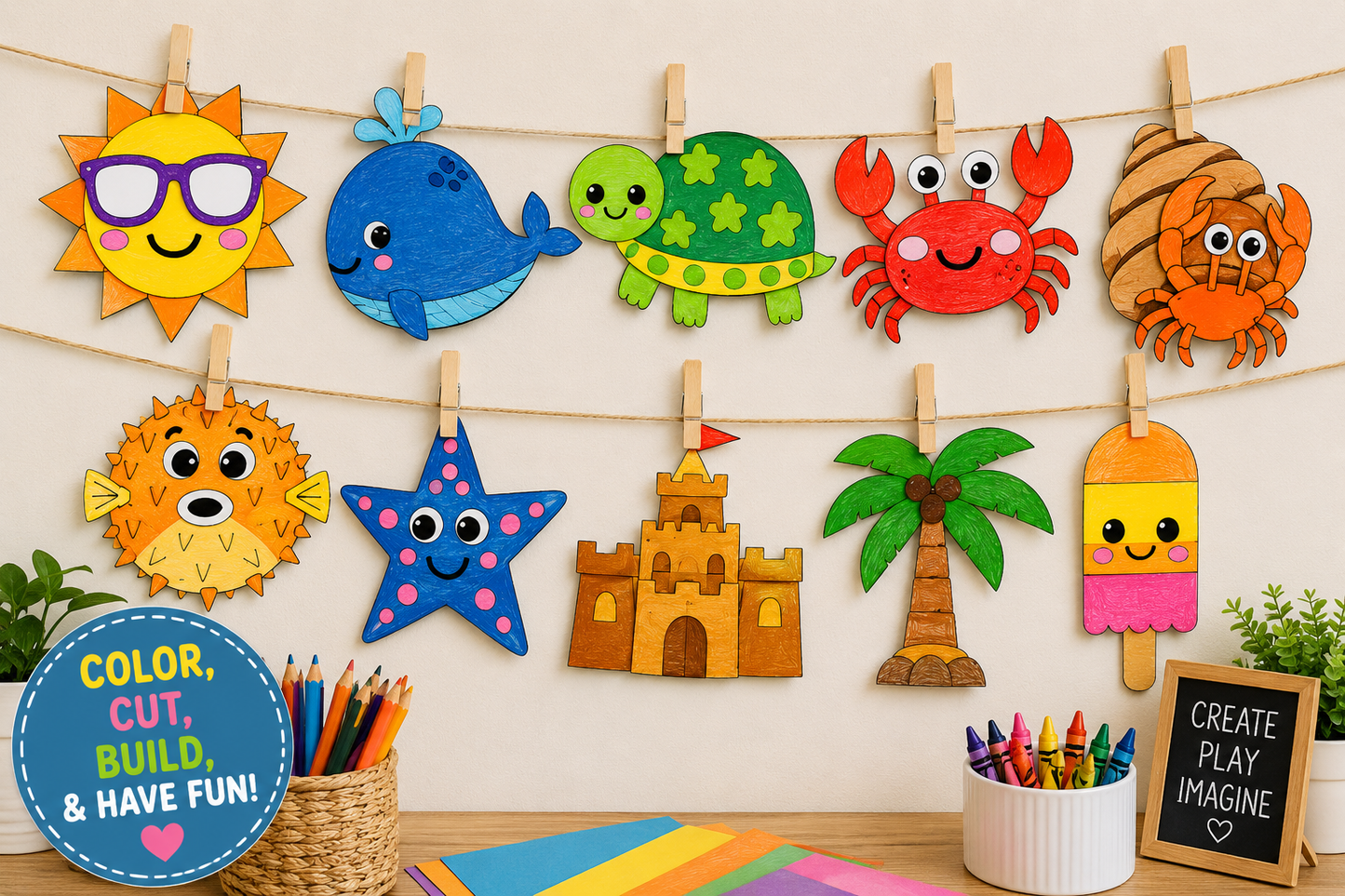 Mockup of Build a Summer Craft Bundles with Crafts Completed