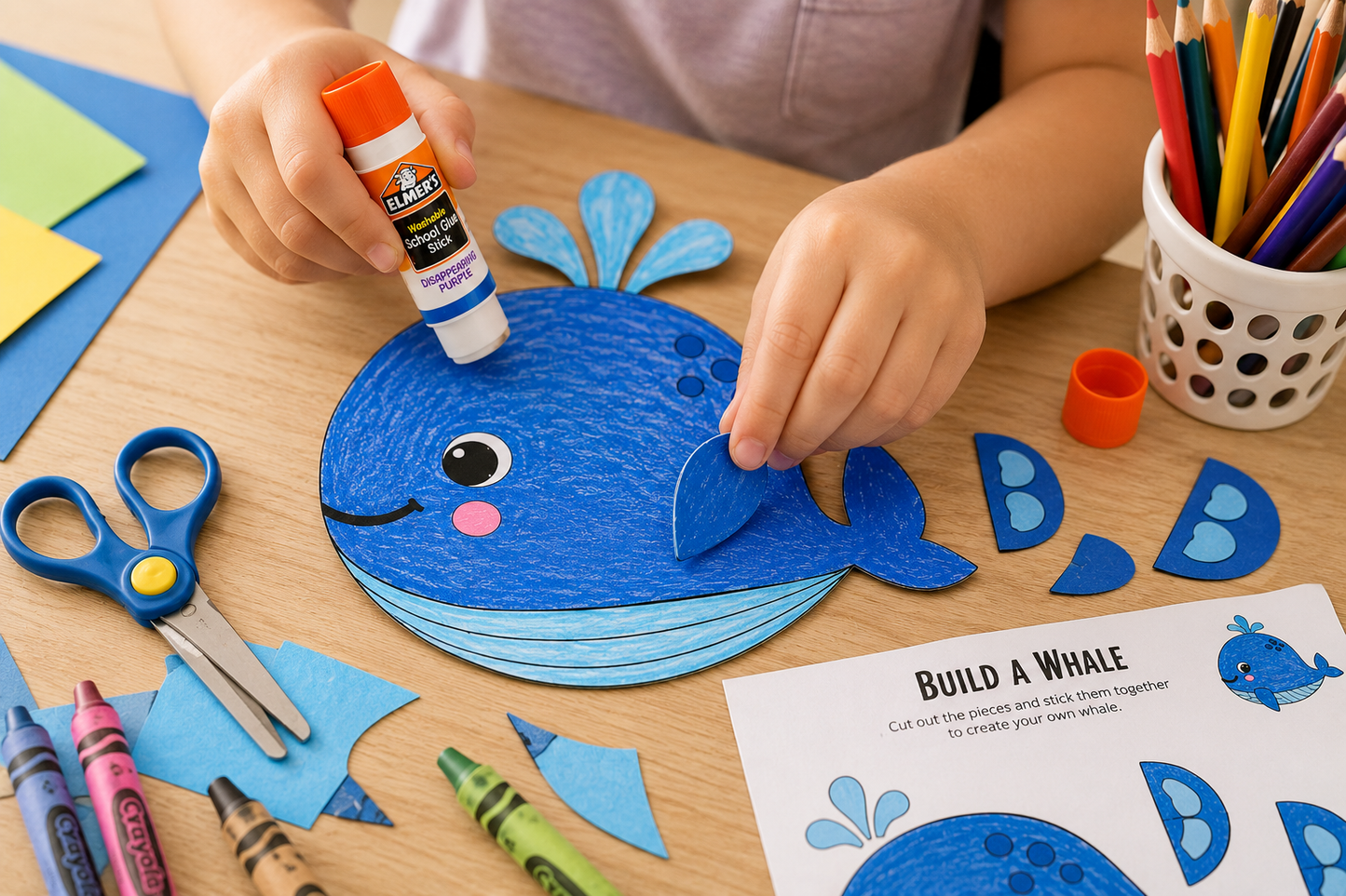 A child's hands are shown assembling a blue whale craft on a wooden table, applying glue from an Elmer's glue stick. The craft kit includes blue whale pieces, scissors, crayons, colored paper, and a printed instruction sheet titled 'BUILD A WHALE'.