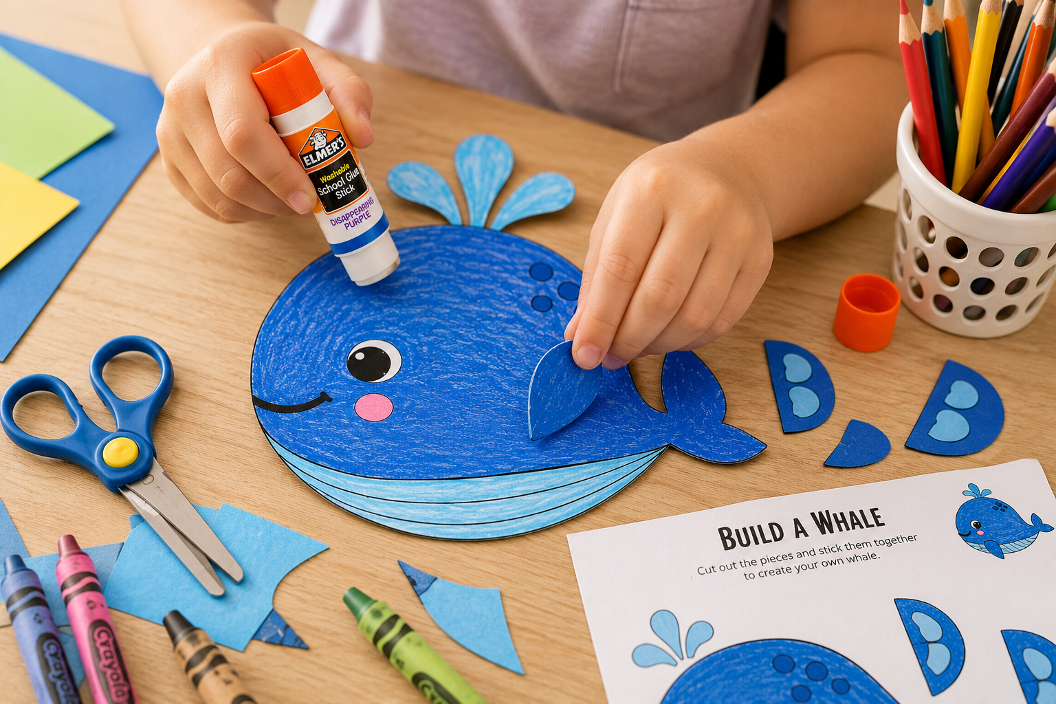 A child's hands are shown assembling a blue whale craft on a wooden table, applying glue from an Elmer's glue stick. The craft kit includes blue whale pieces, scissors, crayons, colored paper, and a printed instruction sheet titled 'BUILD A WHALE'.