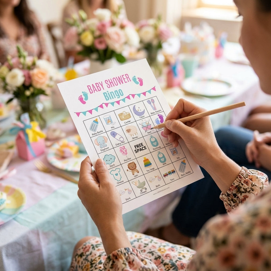 Baby shower guest marking cards on printable Baby Shower Bingo game