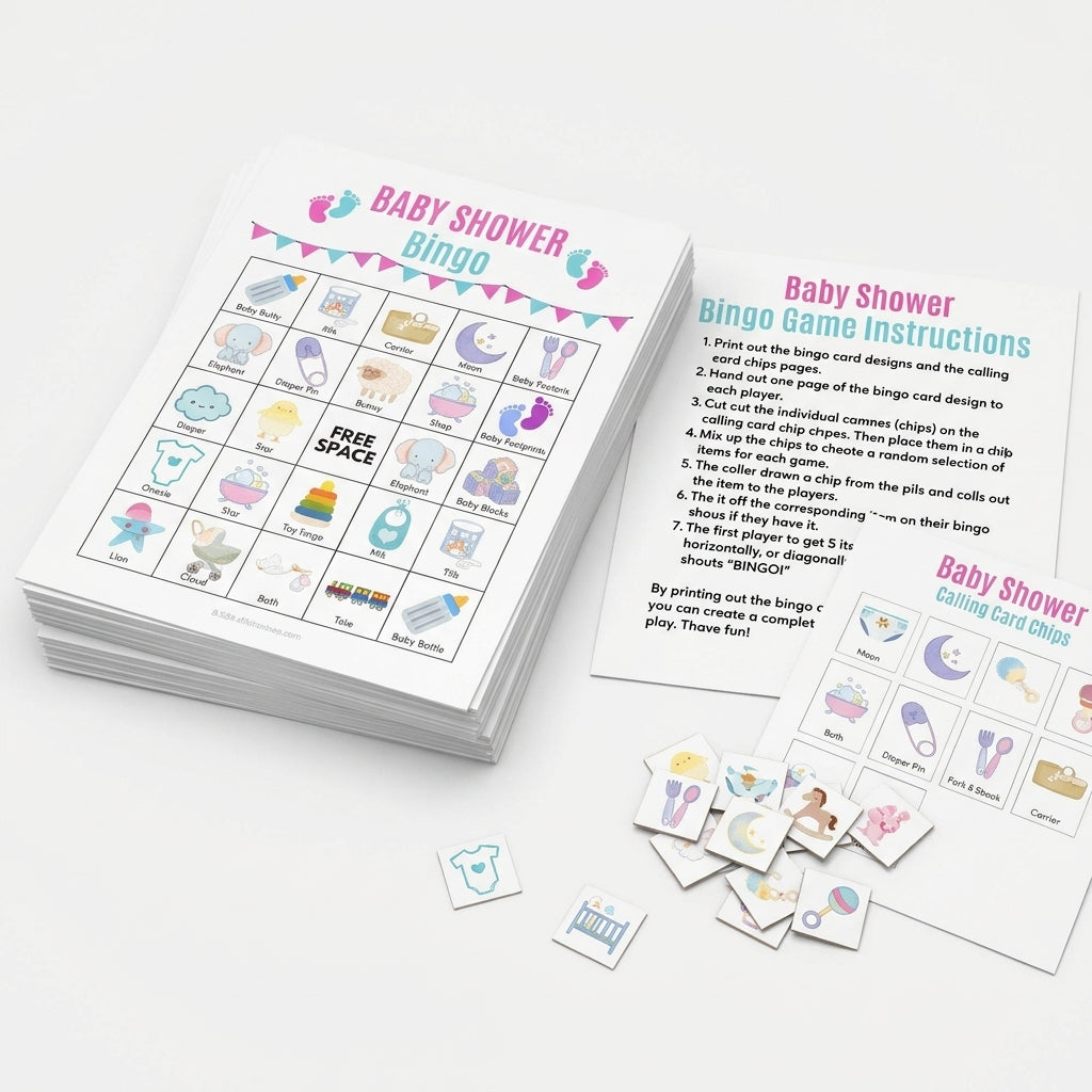 Baby Shower Bingo printable game card sheets and instructions set