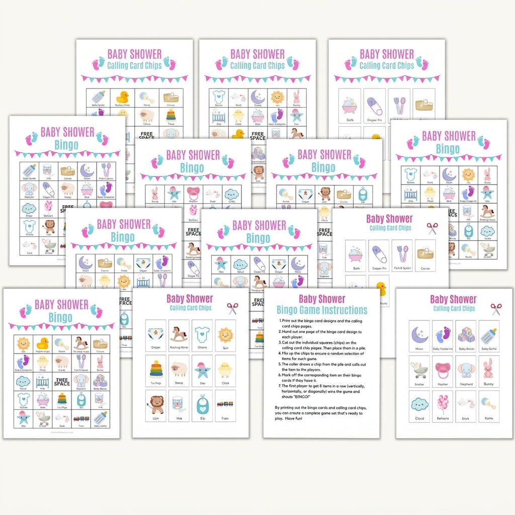 Printable Baby Shower Bingo game flat lay mockup sheets
