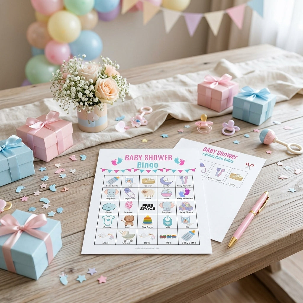 Printable Baby Shower Bingo card on decorated baby shower party table