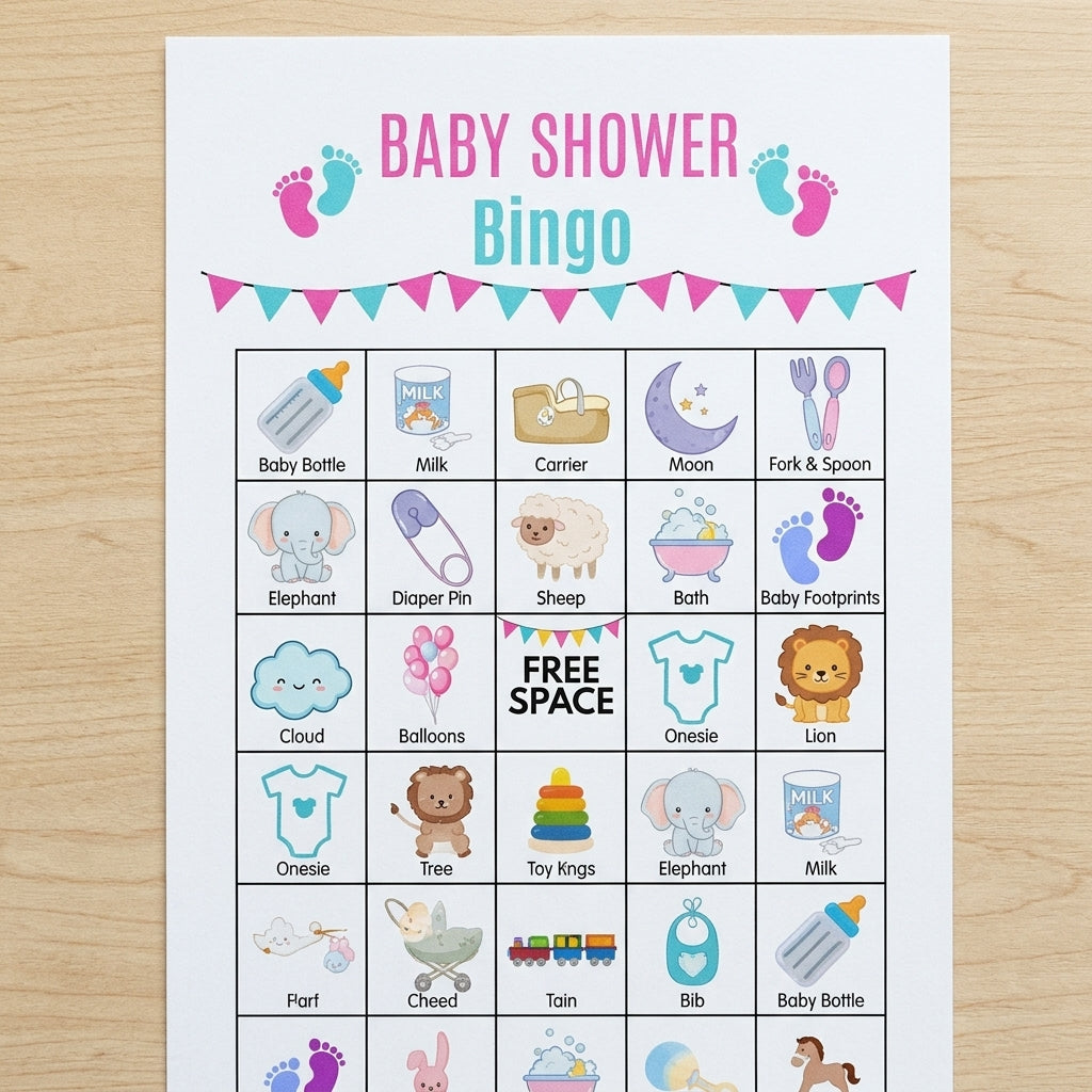 Close-up detail of printable Baby Shower Bingo game card and baby icons