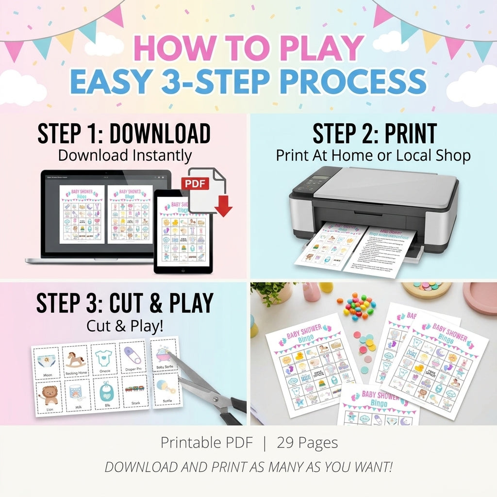 How to play printable baby shower bingo 3-step guide: download, print, and cut