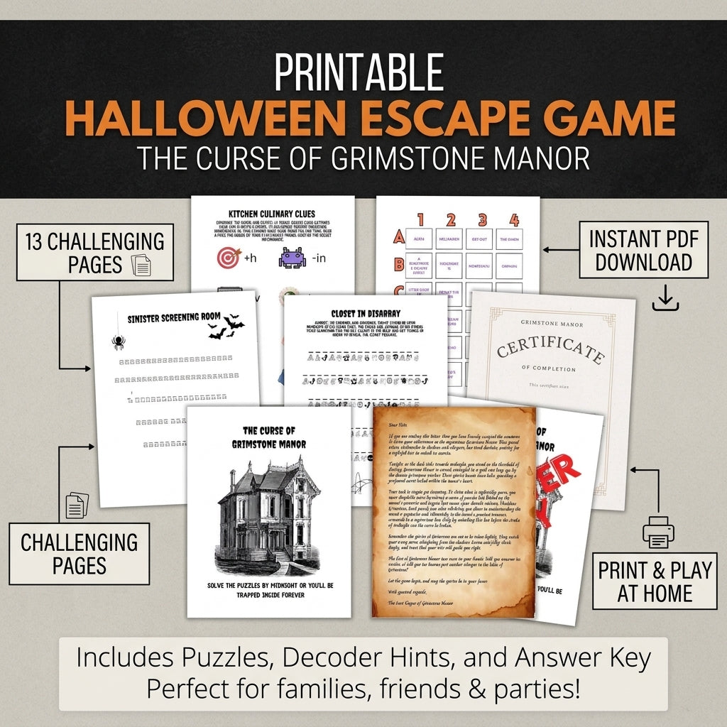 Printable DIY Halloween escape room kit feature callout breakdown and page contents