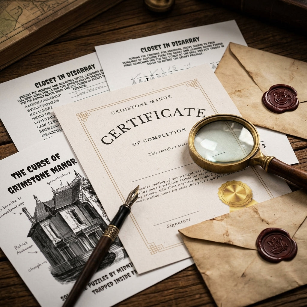 Completion certificate and decoded clues close-up for printable Halloween escape room game