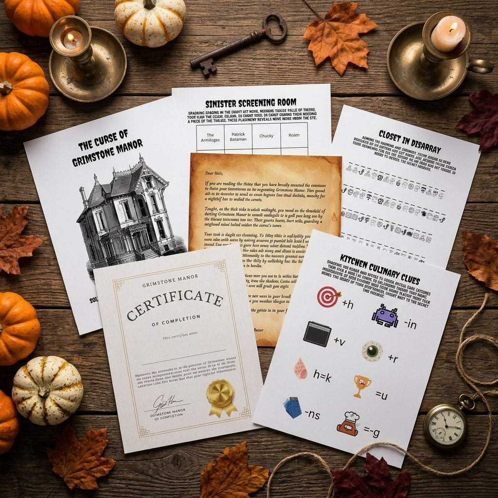 Printable Halloween Escape Room Game - The Curse of Grimstone Manor kit overview with festive autumn decor