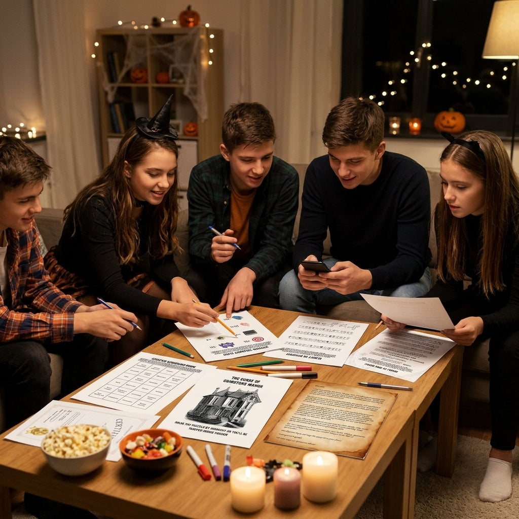 Teens and friends solving printable Halloween escape room puzzles during a home party