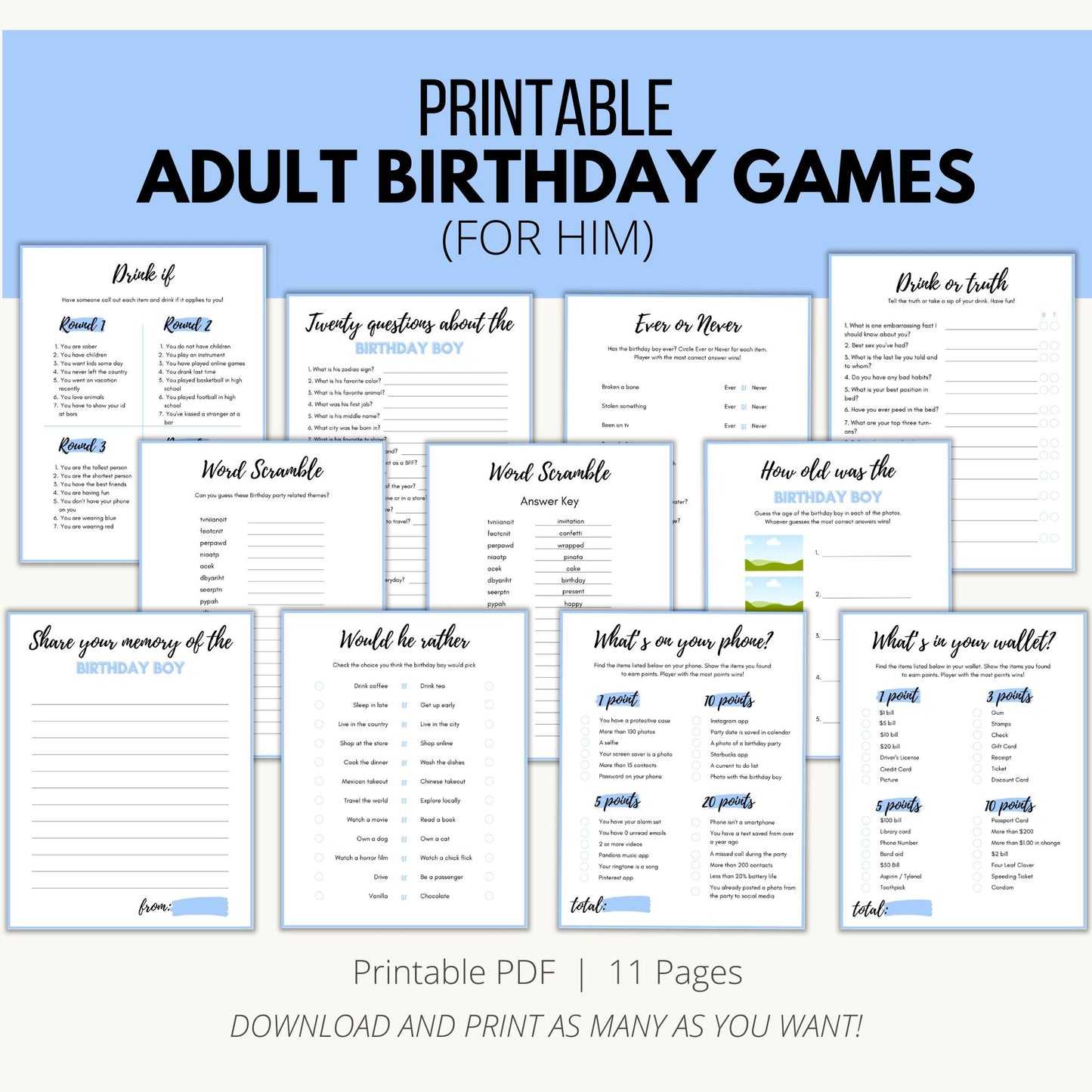 Printable Adult Birthday Games for Him