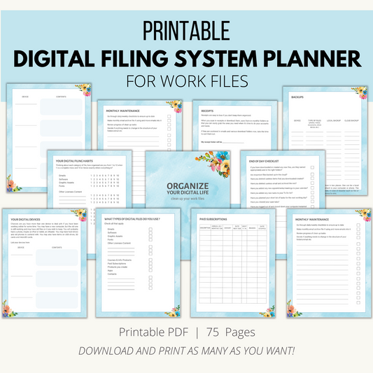 Printable Digital Filing System Planner for Work Files