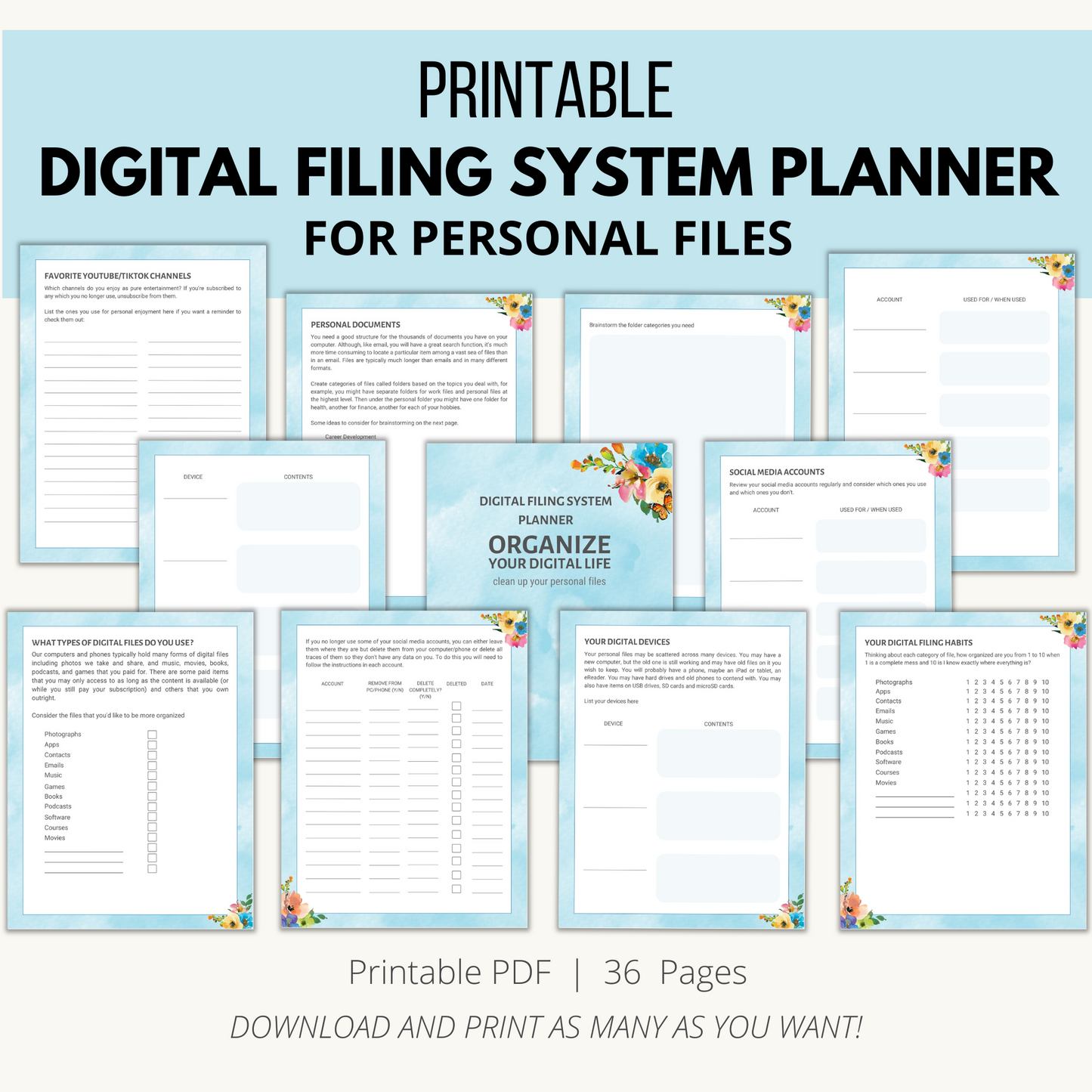 Printable Digital Filing System Planner for Personal Files